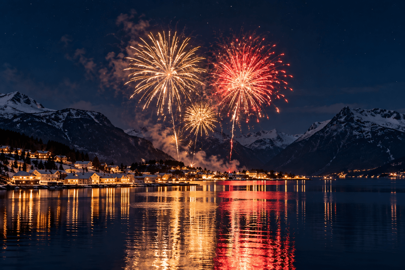 Fyrverkeri i gull og rødt over en fjord med opplyste hus, speilet i vannet nyttårsaften