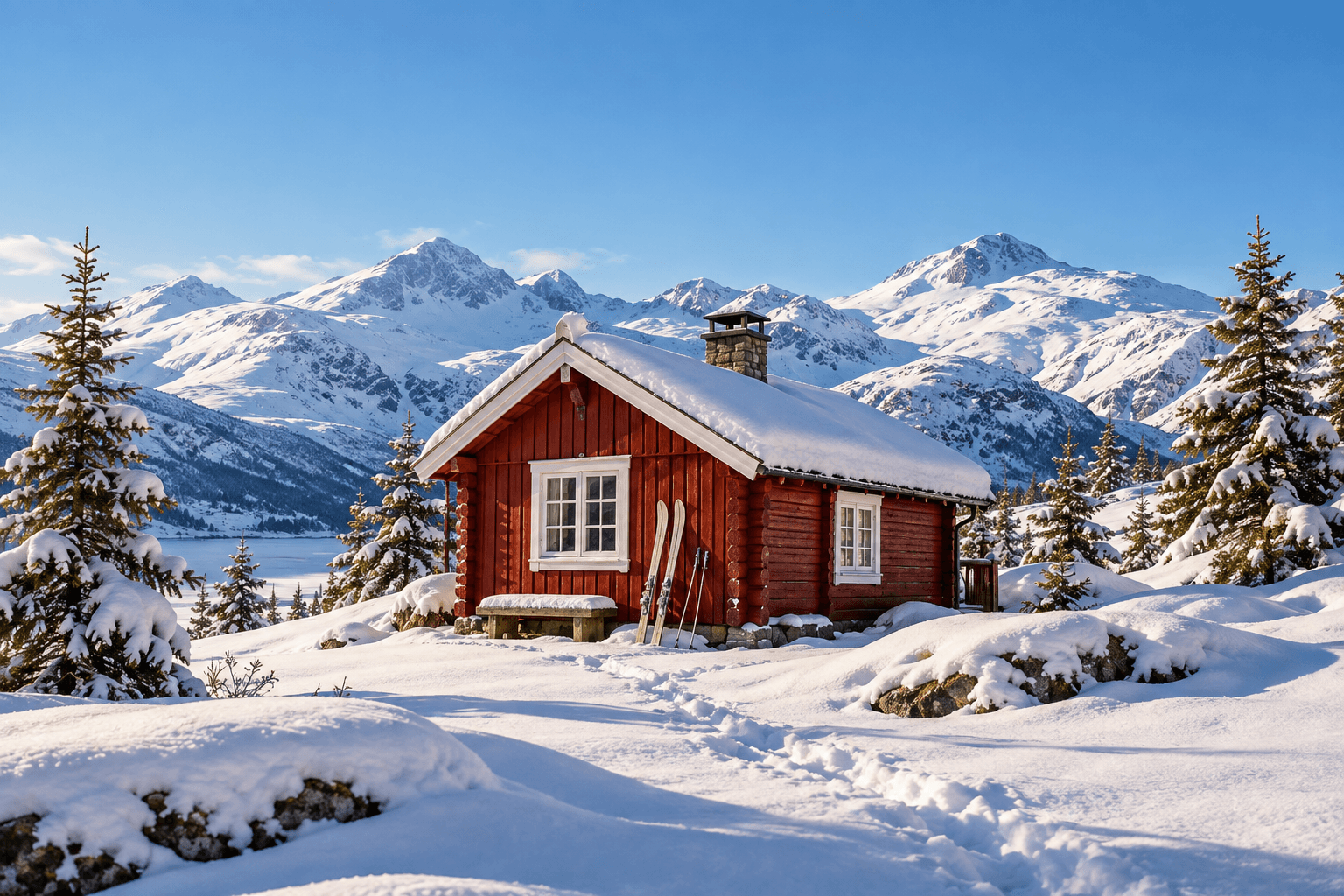 Rød tømmerhytte i dyp snø med ski lent mot veggen og snødekte fjell i bakgrunnen