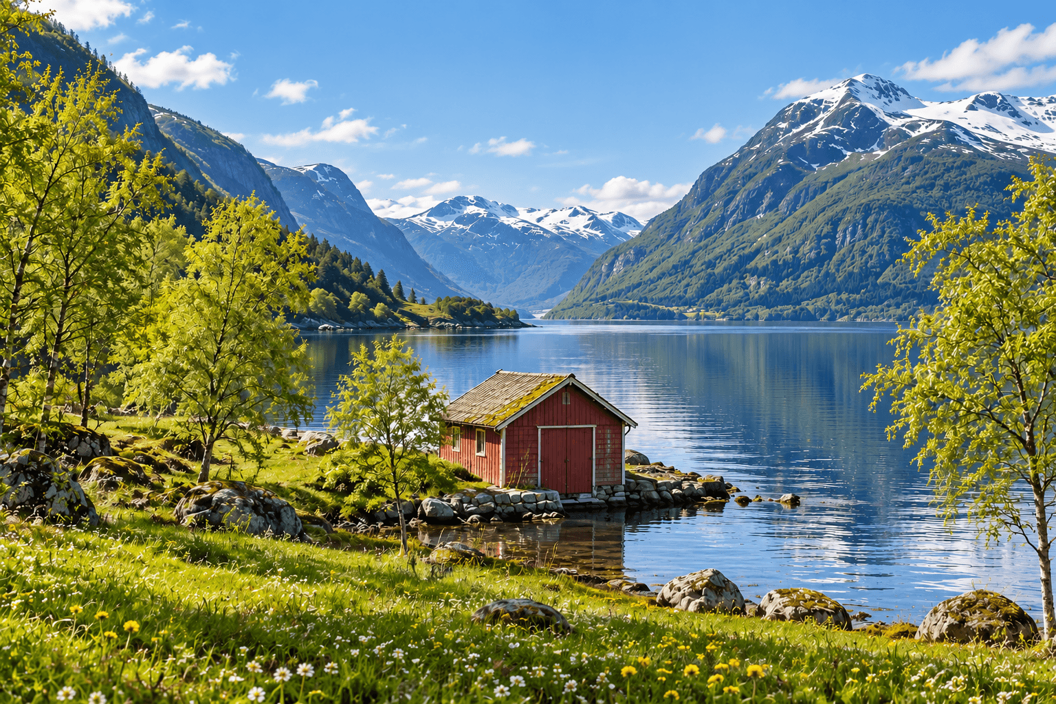 Rødt naust ved en blank fjord med bjørketrær, blomstereng og snødekte fjell