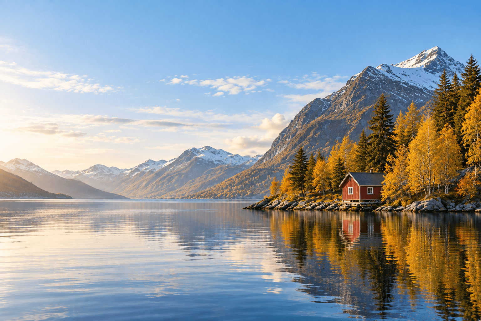 Rødt hus ved en blank fjord med gule og oransje høstblader og fjell som speiler seg i vannet